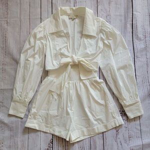 Mable Cutout Collared Tie Front Shirt Romper White Women's Small